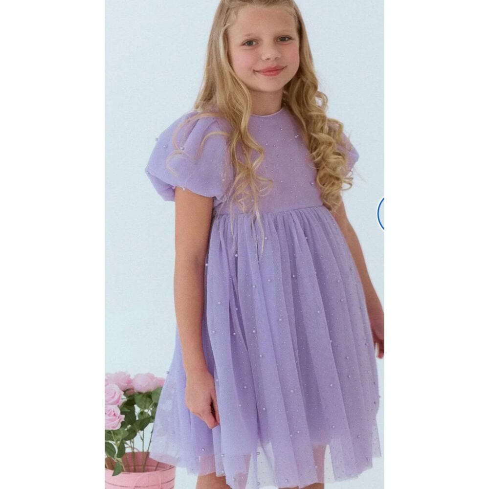 Lola + The Boys Lavender Crystal Pearl Tulle Dress NWT 12Y twirl / puff sleeve
